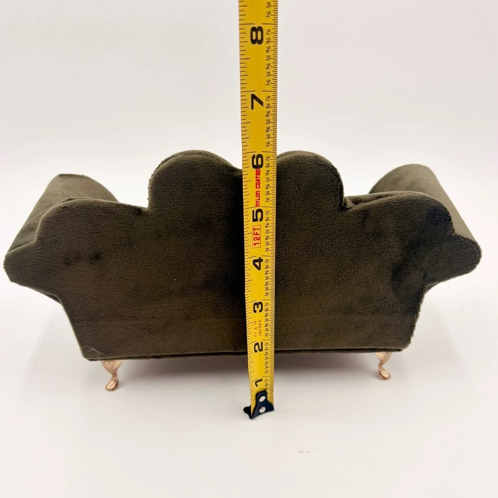 Miniature Sofa Jewelry Box Olive Green Velvet Heart Back Rose Gold Legs Mirror